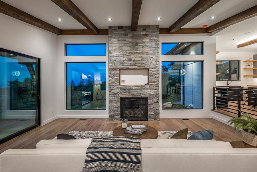 Living room centred on a custom fireplace feature wall